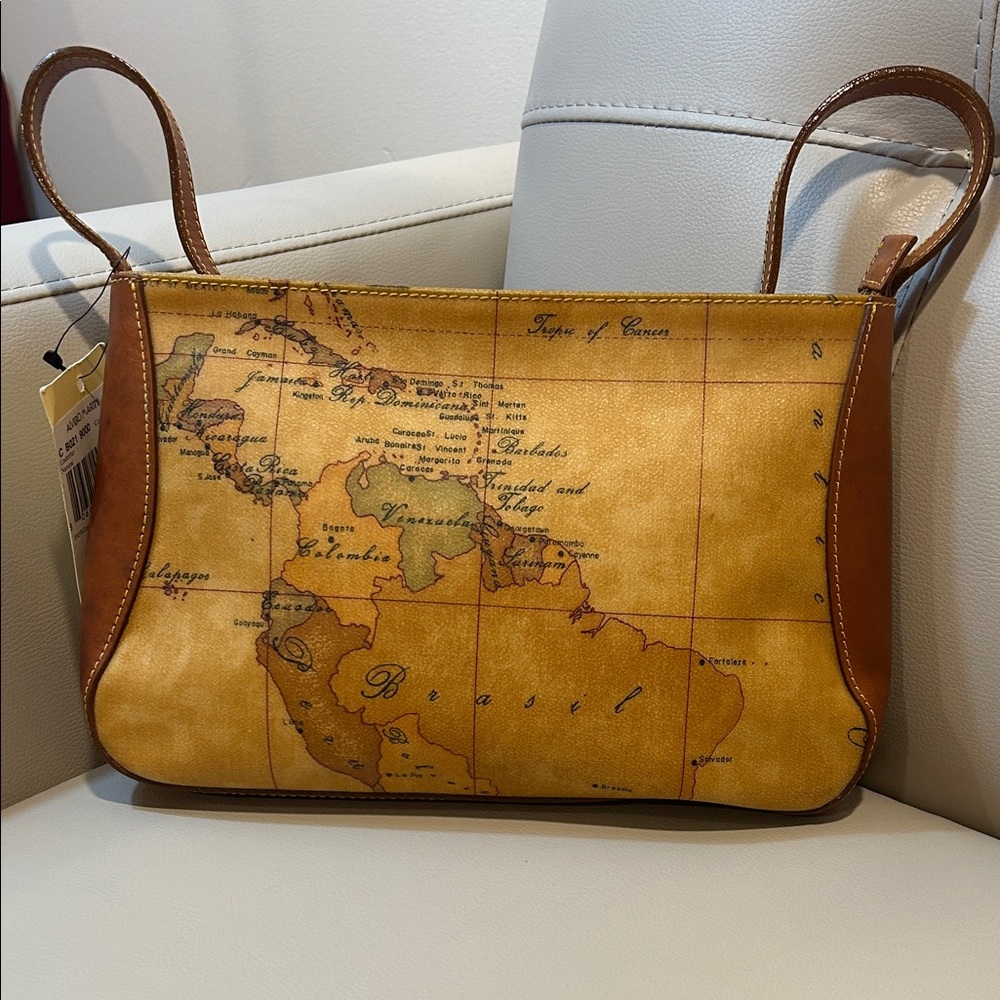 Alviero Martini Yellow Map-Print Leather Trim Satchel $169. Retail